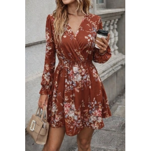 Kadın Uzun Kollu Kruvaze Yakalı çiçek Desenli Mini Süprem Elbise
