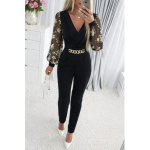 Kadın Uzun Kollu Kruvaze Yakalı Kolları çiçek Desenli Janjan Krep Tulum