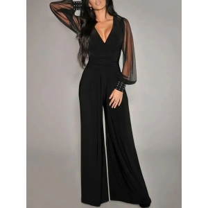 Kadın Uzun Kollu Kruvaze Yakalı Kolları Tüllü Viskon Tulum