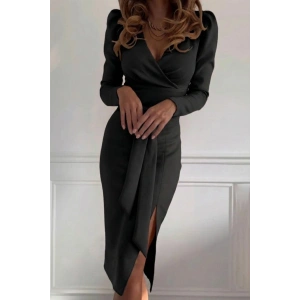 Kadın Uzun Kollu Kruvaze Yakalı Yandan Yırtmaçlı Belden Kuşaklı Midi Ithal Krep Elbise