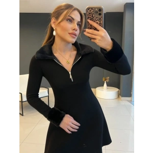 Kadın Uzun Kollu Kürk Yakalı Fermuarlı Kısa Viskon Iki Iplik Elbise