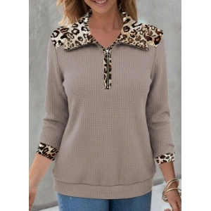 Kadın Uzun Kollu Leopar Yakalı Fermuarlı Waffle Bluz