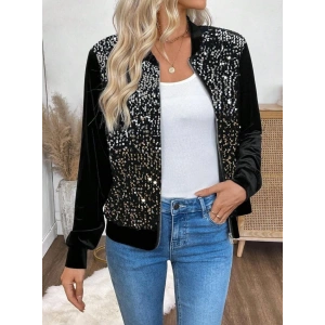 Kadın Uzun Kollu önü Açık Fermuarlı Pulpayetli Kadife Ceket