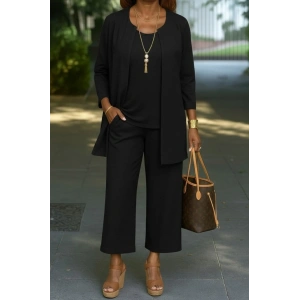 Kadın Uzun Kollu önü Açık Modal Ceket Kolsuz Viskon Iki Iplik Bluz Ve Pantolon üçlü Takım