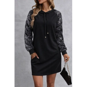 Kadın Uzun Kollu Pulpayetli Bağcıklı Cep Detaylı Mini Viskon Iki Iplik Elbise