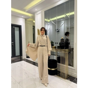 Kadın Uzun Kollu şal Detaylı Bluz Ve Pantolon Kemer Dahil Ikili Takım