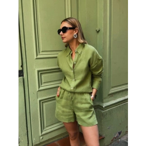 Kadın Uzun Kollu Salaş Gömlek Ve şort Keten Ikili Takım