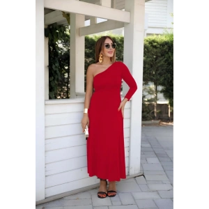 Kadın Uzun Kollu Tek Omuz Detay Krep Elbise