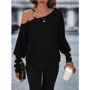 Kadın Uzun Kollu Tek Omuzdan Açık Askı Detaylı Waffle Bluz