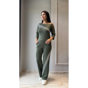 Kadın Uzun Kollu Truvakar Kol Tek Omuz çapraz şerit Detaylı Ribanalı Viskon Iki Iplik Bluz Ve Pantolon Ikili Takım