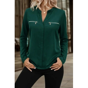 Kadın Uzun Kollu V Hakim Yaka Fermuar Detaylı Viskon Bluz