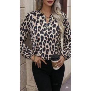 Kadın Uzun Kollu V Hakim Yakalı Leopar Desenli Süprem Bluz