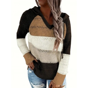 Kadın Uzun Kollu V Yakalı Bağcıklı Kapşonlu Triko Bluz