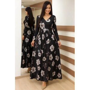 Kadın Uzun Kollu V Yakalı çiçek Desenli Maxi Süprem Elbise