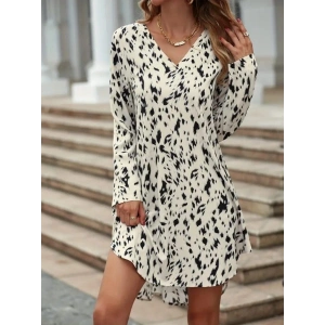 Kadın Uzun Kollu V Yakalı Desenli Kısa Keten Elbise