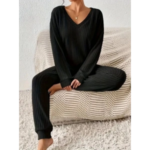 Kadın Uzun Kollu V Yakalı Kaşkorse Bluz Ve Pantolon Ikili Takım