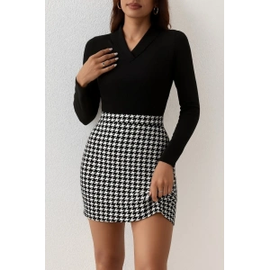 Kadın Uzun Kollu V Yakalı Kaz Ayağı Desenli şardonlu Dalgıç Elbise