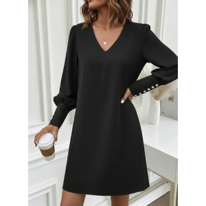 Kadın Uzun Kollu V Yakalı Kısa Ithal Krep Elbise