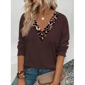 Kadın Uzun Kollu V Yakalı Leopar Detaylı Viskon Iki Iplik Bluz