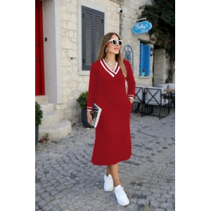 Kadın Uzun Kollu V Yakalı Yandan Yırtmaçlı Iki Iplik Midi Elbise