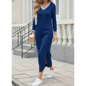 Kadın Uzun Kollu V Yakalı Yanlardan Yırtmaçlı Uzun Viskon Iki Iplik Elbise