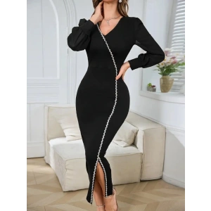 Kadın Uzun Kollu V Yakalı Yırtmaçlı Taşlı Uzun Ithal Krep Elbise