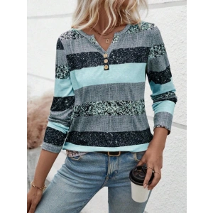 Kadın Uzun Kollu Yakadan Düğmeli çizgili Desenli Süprem Bluz