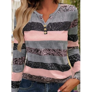 Kadın Uzun Kollu Yakadan Düğmeli çizgili Desenli Süprem Bluz