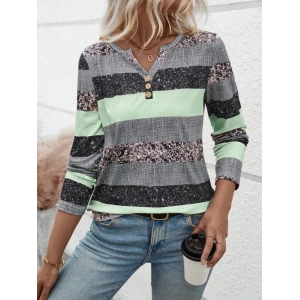 Kadın Uzun Kollu Yakadan Düğmeli çizgili Desenli Süprem Bluz