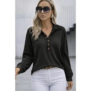 Kadın Uzun Kollu Yakalı Düğmeli Salaş Waffle Bluz