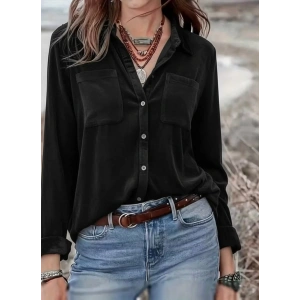 Kadın Uzun Kollu Yakalı önden Düğmeli Cep Detaylı Kadife Gömlek
