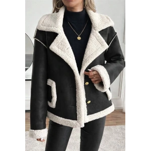 Kadın Uzun Kollu Yakalı önden Düğmeli Cep Detaylı Süet Ceket