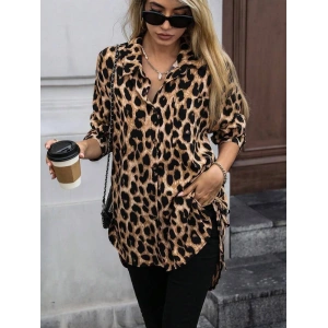 Kadın Uzun Kollu Yakalı önden Düğmeli Yandan Bağcıklı Leopar Desenli Modal Bluz