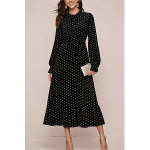 Kadın Uzun Kollu Yakası Bağcıklı Uzun Puantiyeli Krep Maxi Elbise