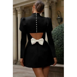 Kadın Uzun Kollu Yarı Balıkçı Yaka Arkadan Kurdela Detaylı Mini Atlas Elbise