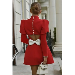 Kadın Uzun Kollu Yarı Balıkçı Yaka Arkadan Kurdela Detaylı Mini Atlas Elbise