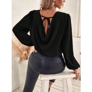 Kadın Uzun Kollu Yuvarlak Yaka Arkadan Bağcıklı Salaş Ithal Krep Bluz