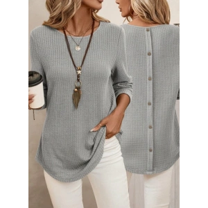 Kadın Uzun Kollu Yuvarlak Yaka Arkadan Düğmeli Waffle Bluz