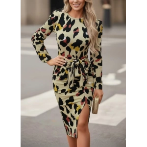 Kadın Uzun Kollu Yuvarlak Yaka Belden Kuşaklı önden Yırtmaçlı örme Krep Elbise