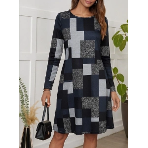 Kadın Uzun Kollu Yuvarlak Yaka Geometrik Süprem Elbise
