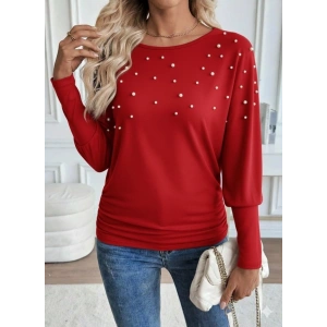 Kadın Uzun Kollu Yuvarlak Yaka Incili Viskon Bluz