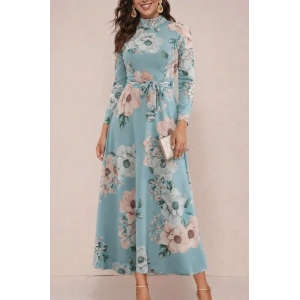Kadın Uzun Kollu Yuvarlak Yakalı Beli Kuşaklı Desenli Süprem Uzun Elbise