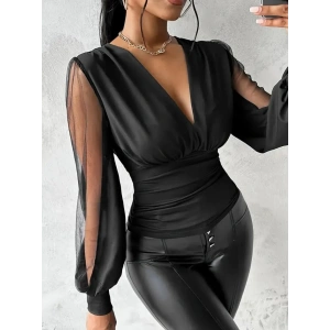 Kadın Uzun Yırtmaç Tül Detaylı Derin V Yakalı Sandy Bluz