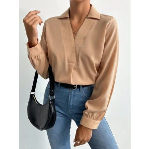 Kadın V Yaka Uzun Kollu Mosskrep Kumaş Bluz