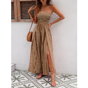 Kadın Yakası Gipe Detaylı önden Yırtmaç Detaylı Desenli Süprem Pantolun Etek Tulum