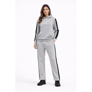 KADIN Yandan Şeritli Eşofman Takım Kapüşonlu Sweatshirt Boru Paça Alt, Oversize 3 Iplik Pamuklu - Gri