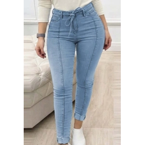 Kadın Yüksek Bel Belden Kuşaklı Yırtık Detaylı Kot Pantolon