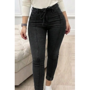 Kadın Yüksek Bel Belden Kuşaklı Yırtık Detaylı Kot Pantolon