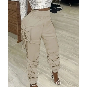 Kadın Yüksek Bel Beli Lastikli Kargo Cep Detaylı Gabardin Pantolon