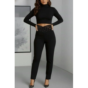 Kadın Yüksek Bel çapraz şerit Detaylı Ithal Krep Pantolon